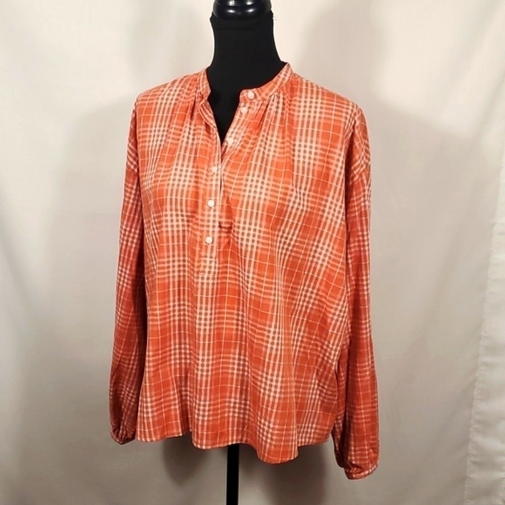Universal Thread orange Plaid Farmhouse Boho Long Sleeve  Blouse Size M